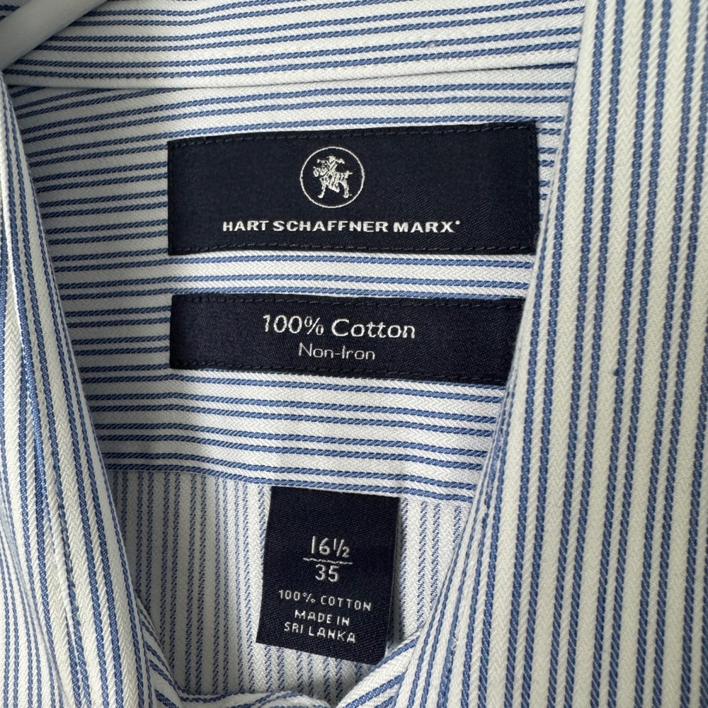 Hart‎ Schaffner Marx Mens Blue White Striped Non-Iron Cotton Dress Shirt 16.5 35 - Picture 2 of 4